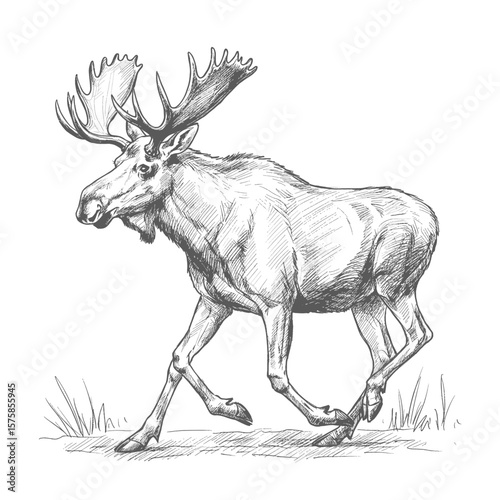 A detailed hand-drawn illustration of a moose walking on the ground with large antlers, created in vintage sketch style. The artwork captures the strength and natural presence of this large mammal, su