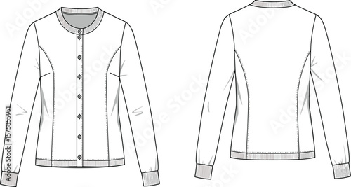 Women's cardigan fashion flat sketch, front and back view, button-up sweater design, ribbed cuff hem collar, technical illustration template