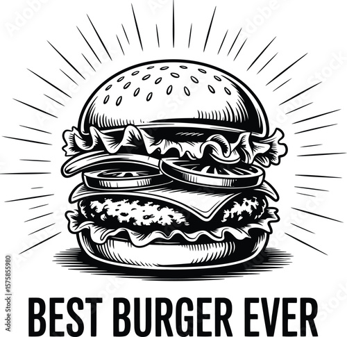 Black and white hamburger vector icon with sesame seeds, perfect for food menus, fast food branding, or restaurant graphics.