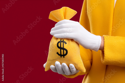 A gloved hand holding a yellow money bag with a dollar sign against a red colored background image