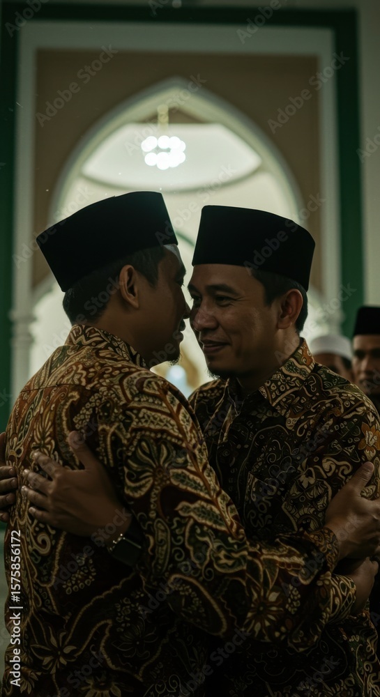 Obraz premium Warm Embrace: Two Men in Traditional Batik Clothing Greet Each Other in a Mosque Setting