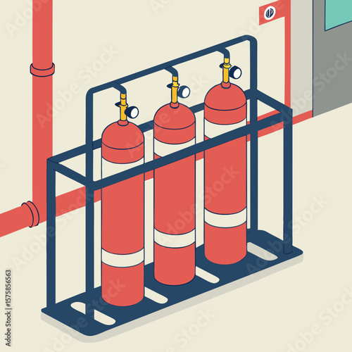 Gas cylinder rack with three red tanks in industrial setting  