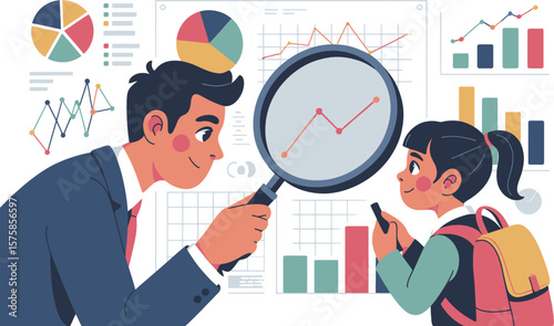 Man shows data charts to girl with magnifying glass and phone in front of graph background art