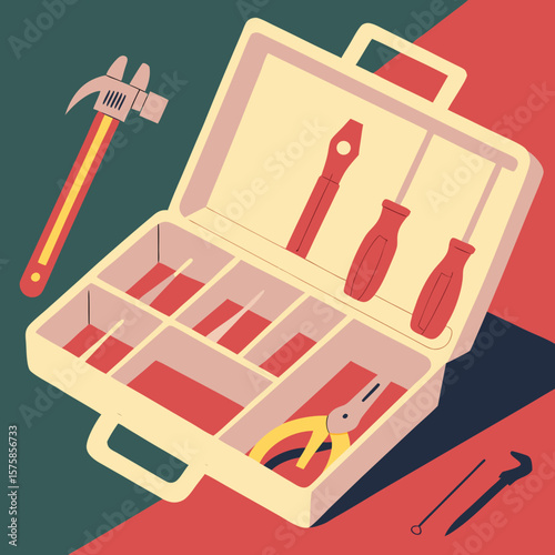 Tool organizer box with various tools on geometric background  