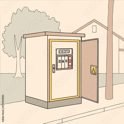 Outdoor electrical fuse cabinet with door open in urban setting  
