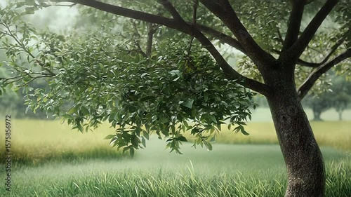 Lush green meadow with tree on foggy morning