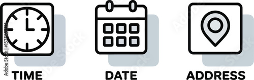 Three icons representing time date and address arranged horizontally on a light gray background surface