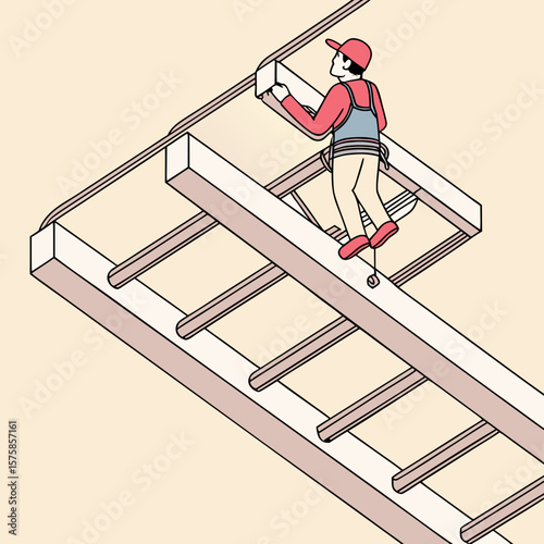 Worker installing cable tray while suspended on support structure  