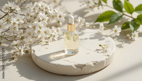 Glass Dropper Bottle with Blossoms on Stone Slab and Leaf Shadows