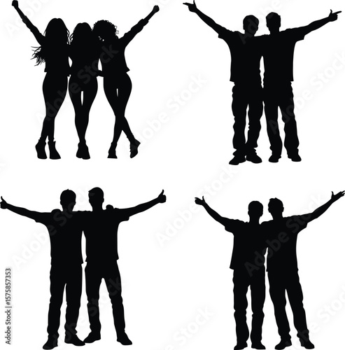 Black vector silhouettes of people, including a happy family and children dancing together
