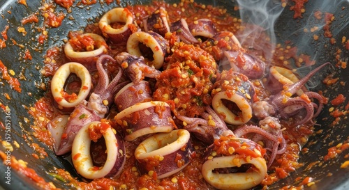 Spicy squid rings in a hot sauce