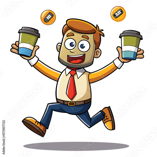 Happy cartoon man juggling coffee cups