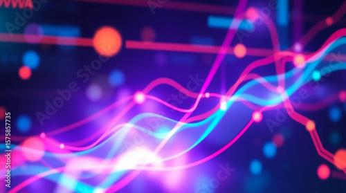 Ai generated image of abstract glowing lines and data charts in purple and blue