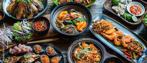 Thai kitchen, Various of Delicious Thai food are Served on table at Northern Thai restaurant. Thai food background and Culinary menu concept.