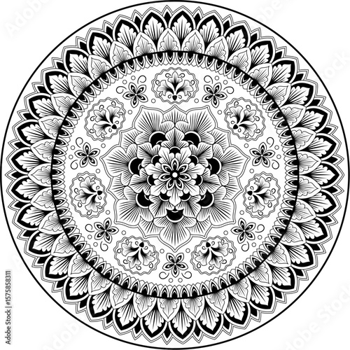Round floral pattern, wall or page decoration. Black color only. 