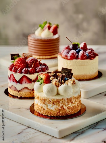 Assorted Mini Cakes with Fresh Berries and Cream on Marble Surface
