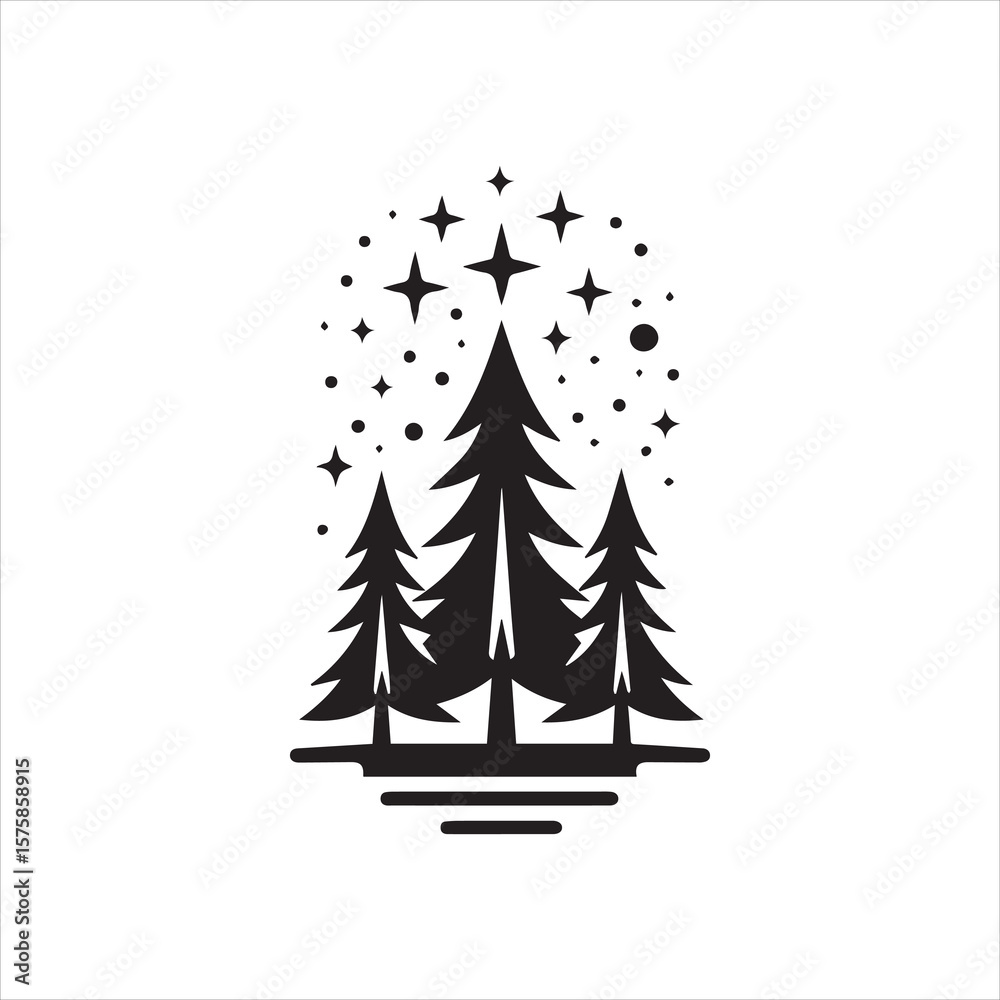 Fototapeta premium Silhouetted stylized graphic of three pine trees under a starry night sky.