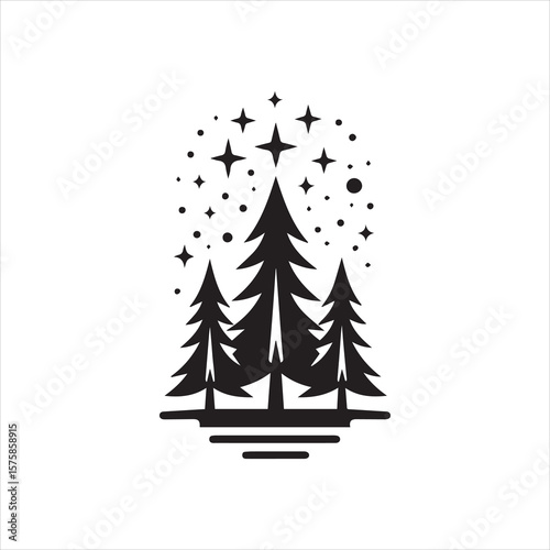 Silhouetted stylized graphic of three pine trees under a starry night sky.