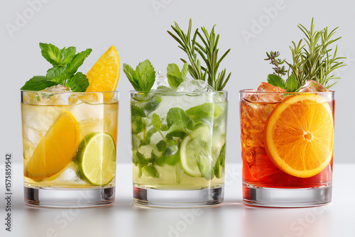 Three refreshing, vibrant beverages in clear glasses, garnished with fresh herbs and citrus slices, showcasing a variety of colorful concoctions ideal for any occasion.


