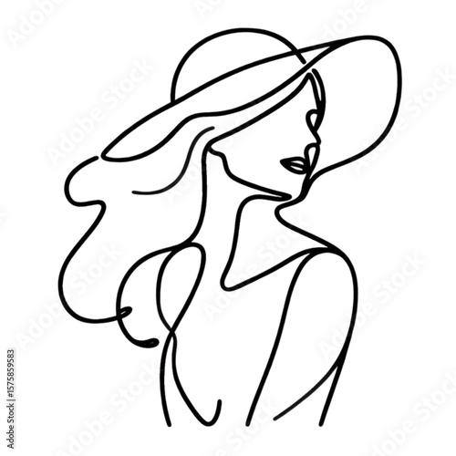 Elegant woman art, a continuous line graphic featuring a female figure with a hat in a modern, minimalist aesthetic.