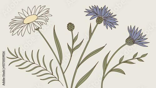 A detailed illustration of various wildflowers in soft colors, creating a serene and calming botanical arrangement.