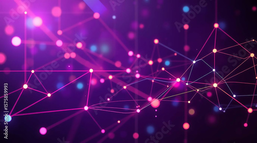 Ai generated image of abstract network of glowing points and lines on purple