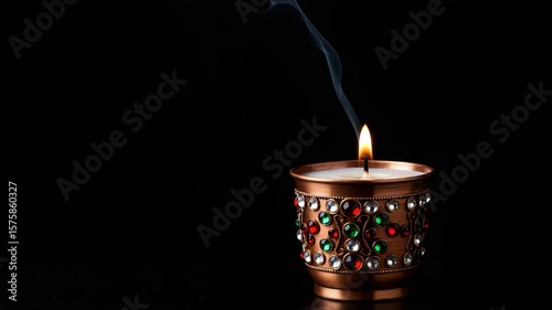 Exquisite jeweled candle bowl, serene mood, emitting smoke against a black background with copy space.