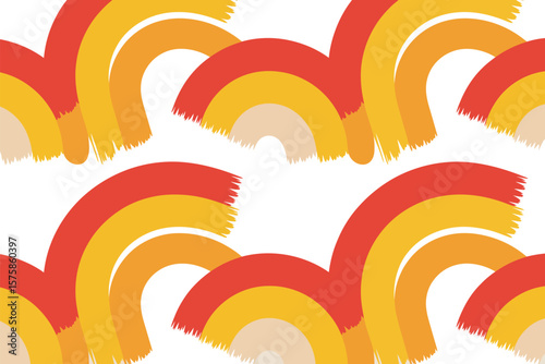 Cheerful retro rainbow seamless pattern with bright red, yellow, and orange hues on a white background for textile design
