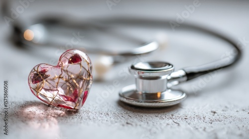 Heartfelt Healthcare: A delicate glass heart rests beside a medical stethoscope, symbolizing the compassionate care at the heart of medicine.