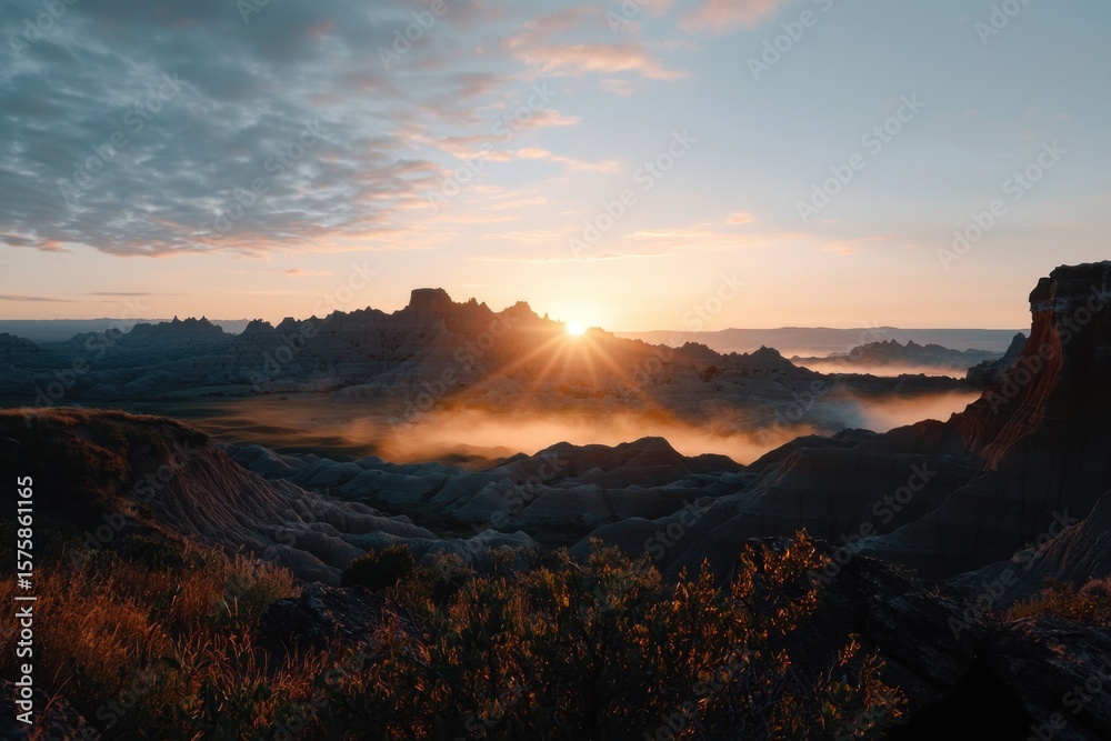 Naklejka premium Breathtaking sunrise over badlands national park landscape photography tranquil environment awe-inspiring view nature's beauty unveiled
