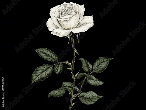 Elegant White Rose Botanical Illustration Dark Background