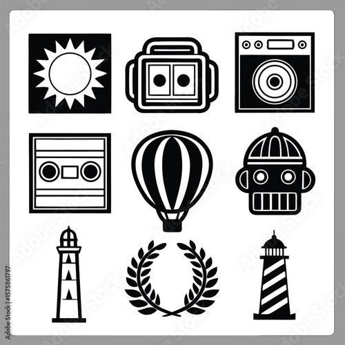 Sun hot air balloon robot cassette tape lighthouse laurel wreath vector