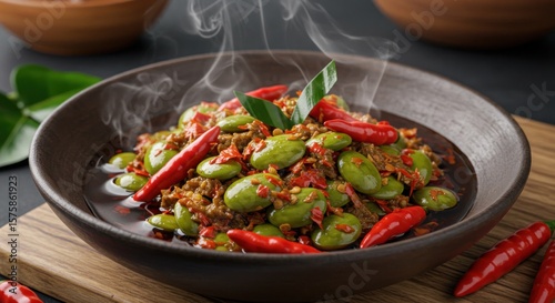 Steamed savory dish of green beans, chili, and meat