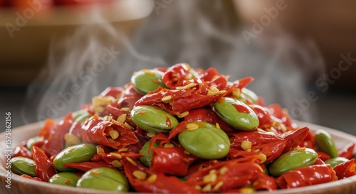 A wooden bowl overflowing with a vibrant mixture of green beans and red chili peppers, steaming with heat