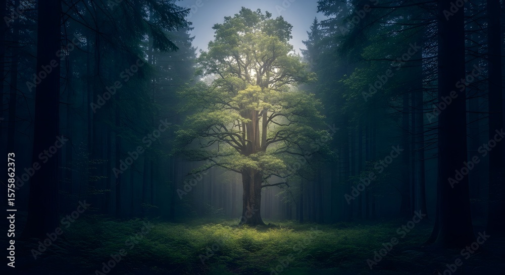 Naklejka premium Luminous oak tree stands tall in a misty, dark forest, illuminated by an ethereal light.