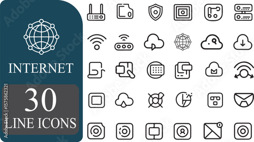 Internet icon set. Outline icons pack. Network related icon set. Contain linear sign network, web, communication, server, connect, connection, computer and more.