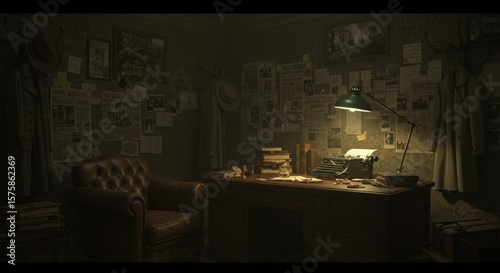 Dimly lit, vintage writer's study
