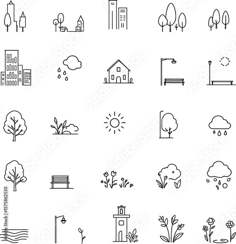 Black-and-White Vector Illustration of Urban-Nature Environment Icons – 25-Item Mixed Landscape Grid
