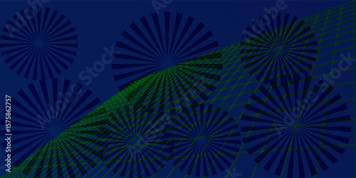 Abstract geometric background with radial sunburst patterns and green grid lines on a dark blue backdrop.vector eps10