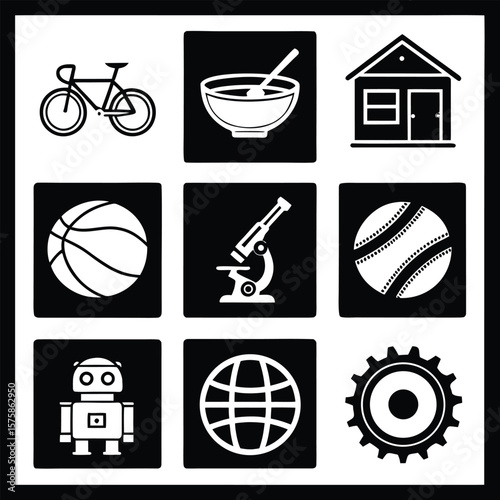 Bicycle house bowl microscope robot globe gear baseball spoon