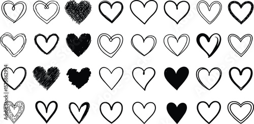 Hand drawn linear hearts set. Various brush, chalk, marker, ink drawn heart shapes. Artistic lines, outlines. Valentine's day uneven, textured edge doodle templates.