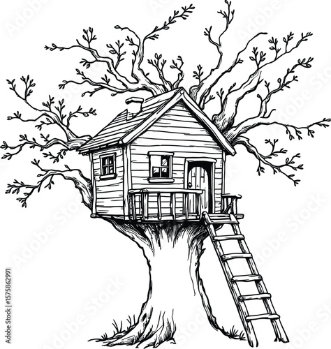 Black-and-White Vector Illustration of Treehouse Structure – 1-Scene Woodland Shelter Silhouette