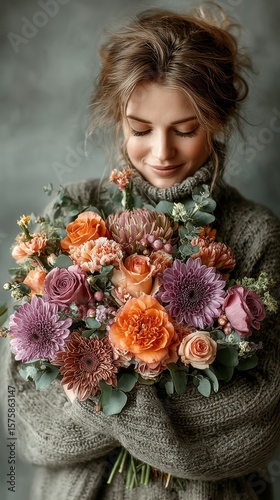 Woman smiling while holding a vibrant bouquet of flowers in cozy attire during a soft indoor setting