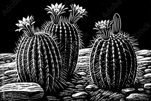 Cactus variety with spiky pads and blooming flowers, shown in a stylized black and white line art illustration perfect for desert themed, boho, or southwestern branding and tattoo inspiration