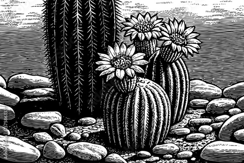 Cactus variety with spiky pads and blooming flowers, shown in a stylized black and white line art illustration perfect for desert themed, boho, or southwestern branding and tattoo inspiration