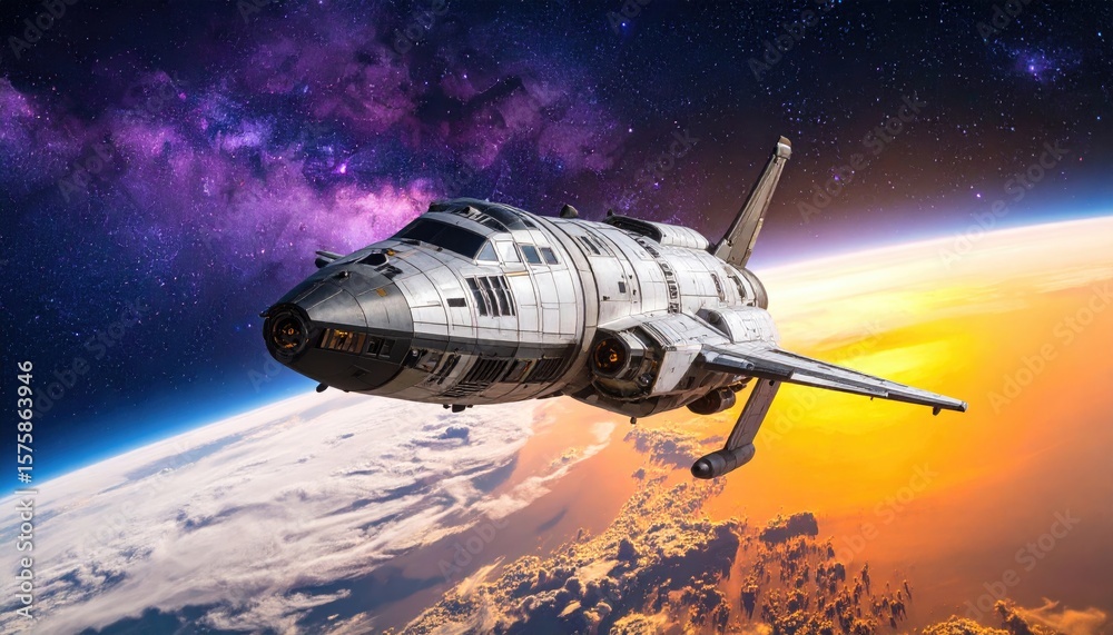 Obraz premium Futuristic spaceship above Earth (1)