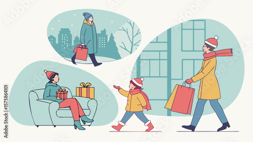 A cheerful holiday scene featuring a woman shopping with gifts, a child bundled up with shopping bags, and a woman walking in the snow.