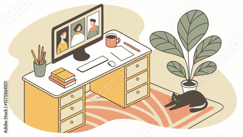 A cozy home office scene featuring a desk with a computer, books, and a relaxing cat, perfect for remote work.