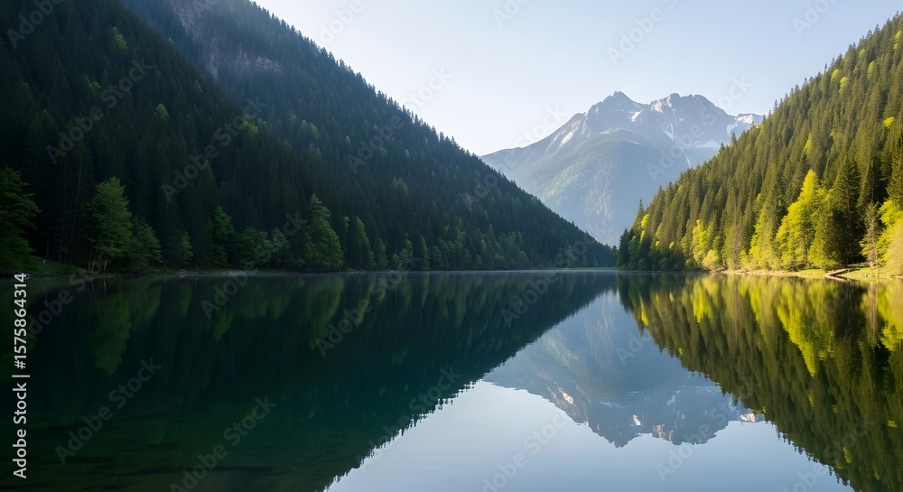 Fototapeta premium Serene Mountain Lake Reflecting Verdant Slopes