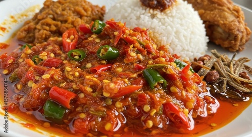 Spicy chili sauce dish with rice and chicken